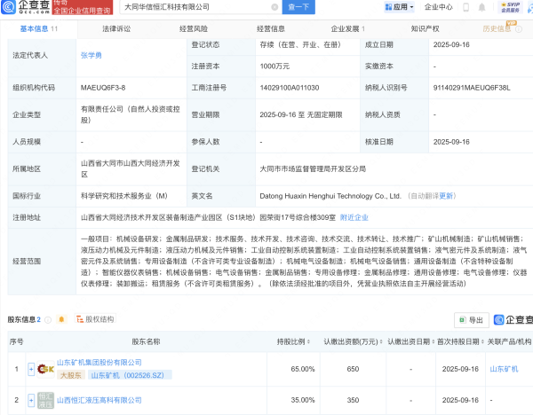 老虎配资 山东矿机等新设科技公司，含智能仪器仪表业务